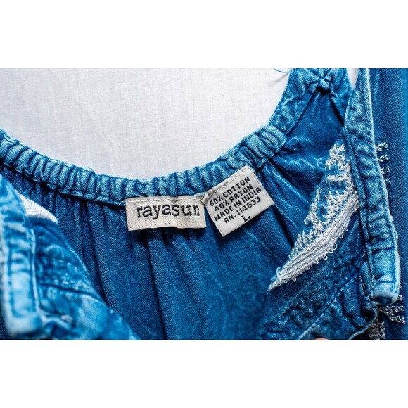 Rayasun L cotton/rayon embroidered blue button up tank top Boho fairy - Picture 2 of 6